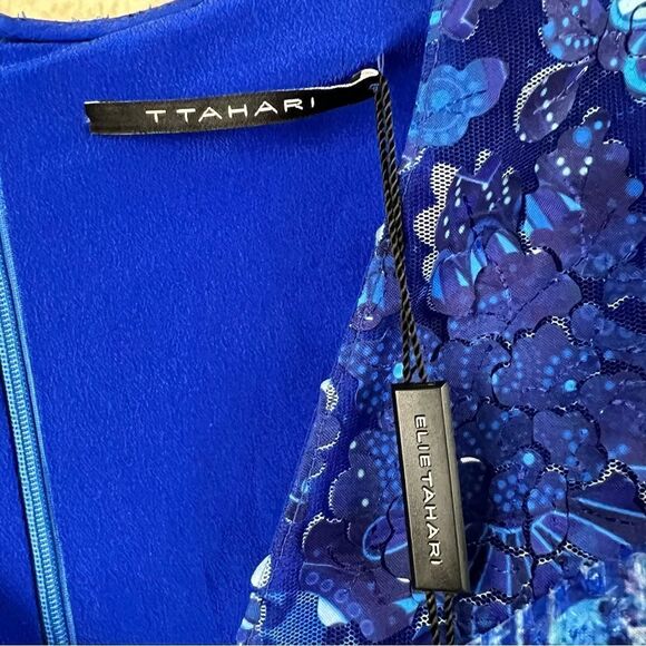 T Tahari Blue Floral Ruffled Cold Shoulder Dress NWT - Picture 3 of 16